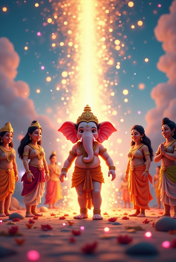 3d animation cartoon: Revival of Ganesha with an Elephant Head**:
- "A joyful and miraculous scene where Ganesha is brought back to life with an elephant’s head. Lord Shiva and Goddess Parvati stand beside him, smiling with relief and happiness. Ganesha, now with an elephant head, is glowing with divine energy. The background is filled with other gods and goddesses, all smiling and offering blessings, with a radiant sky filled with colorful celestial lights and flowers raining down from above."
