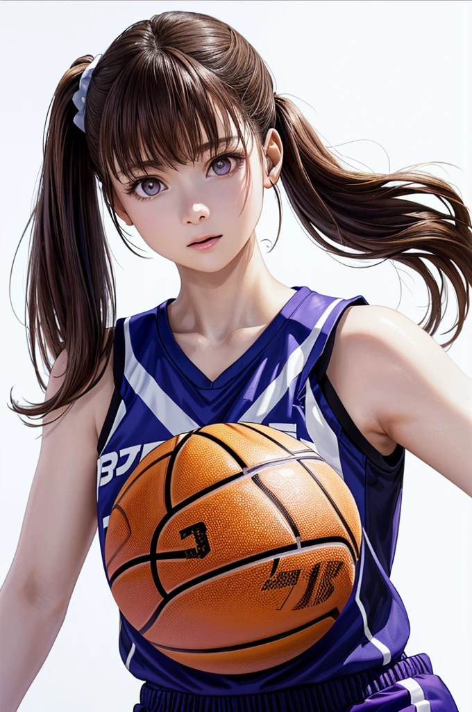 (((Frame In、Solo Shot、Pure white wall background、Highest quality、8k、32K、masterpiece)))、(Realistic)、(Realistic:1.2)、(High resolution)、Very detailed、Very beautiful face and eyes、1 person、Round and small face、Tight waist、Delicate body、(close、Highest quality、Attention to detail、Rich skin detail)、(Highest quality、8k、Oil paints:1.2)、Very detailed、(Realistic、Realistic:1.37)、Bright colors、(((Brown Hair)))、(((Brown hair)))、(((Side Ponytail)))、(((Cowboy Shot)))、(((Bob Hair)))、(((The bangs are uniform)))、(((Pure white wall background)))、(((Wearing a basketball uniform)))、(((purple basketball outfit)))、(((Female face)))、(((1 female)))、(((Tank top style uniform)))、(((Sexy expression)))