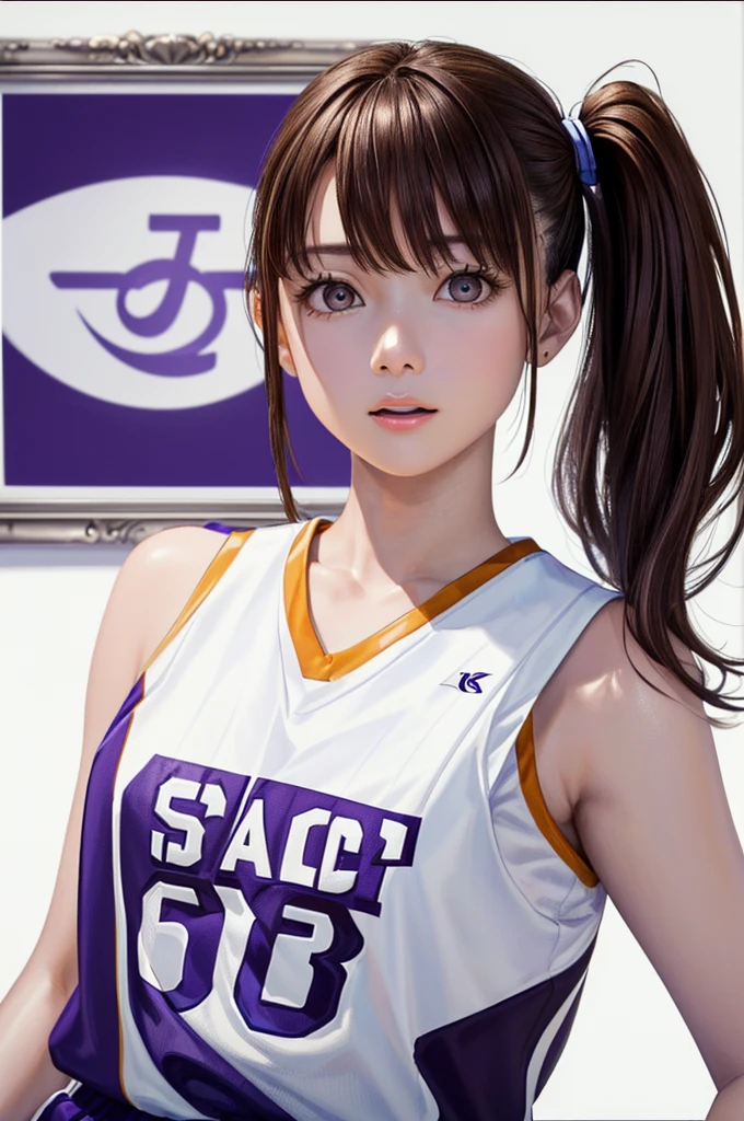 (((Frame In、Solo Shot、Pure white wall background、Highest quality、8k、32K、masterpiece)))、(Realistic)、(Realistic:1.2)、(High resolution)、Very detailed、Very beautiful face and eyes、1 person、Round and small face、Tight waist、Delicate body、(close、Highest quality、Attention to detail、Rich skin detail)、(Highest quality、8k、Oil paints:1.2)、Very detailed、(Realistic、Realistic:1.37)、Bright colors、(((Brown Hair)))、(((Brown hair)))、(((Side Ponytail)))、(((Cowboy Shot)))、(((Bob Hair)))、(((The bangs are uniform)))、(((Pure white wall background)))、(((Wearing a basketball uniform)))、(((purple basketball outfit)))、(((Female face)))、(((1 female)))、(((Tank top style uniform)))、(((Sexy expression)))