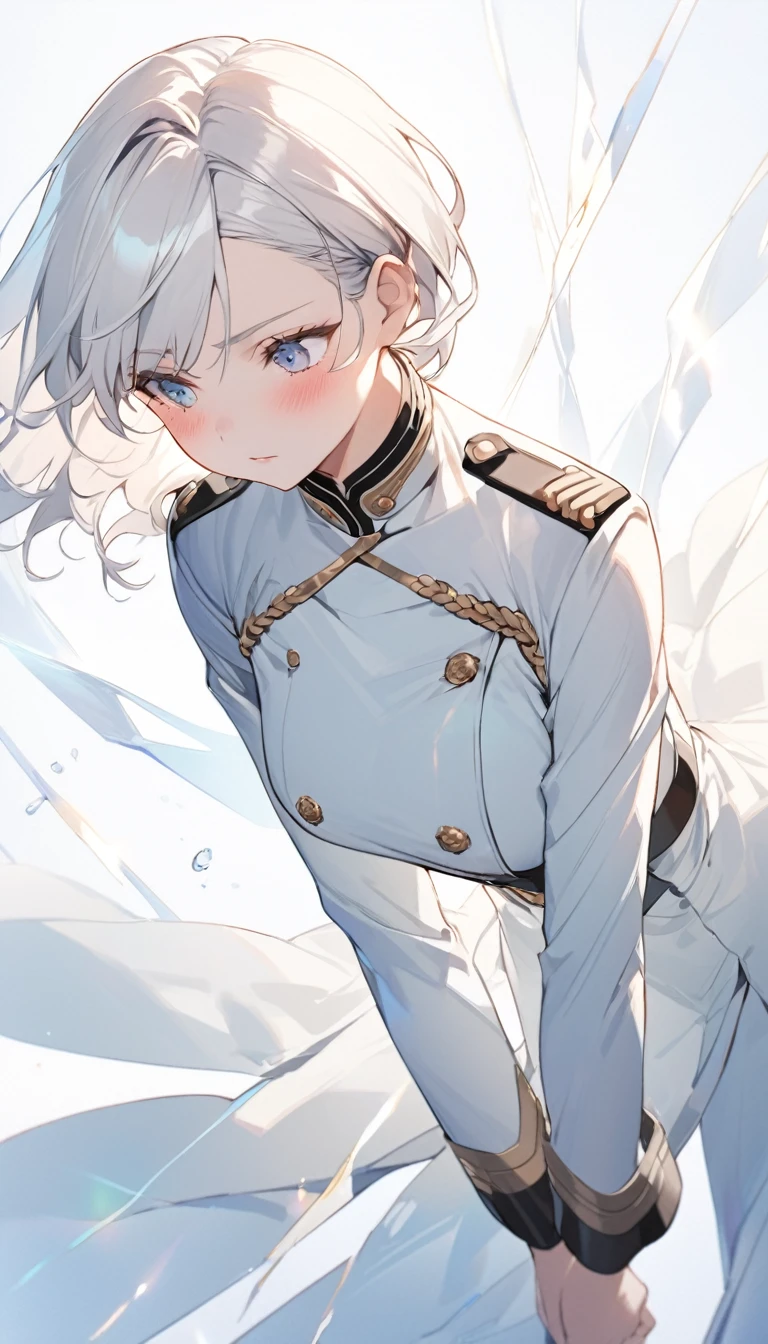 A full-body view of a beautiful young woman with white hair and light blue eyes. The image is captured from a slightly low angle, emphasizing her strong presence. She is wearing a detailed military uniform with a modern, sleek design. Her cheeks are subtly blushed, adding a touch of warmth to her expression. She is glancing to the side, with a composed yet thoughtful look on her face. The background is simple, ensuring she stands out as the focal point of the image.