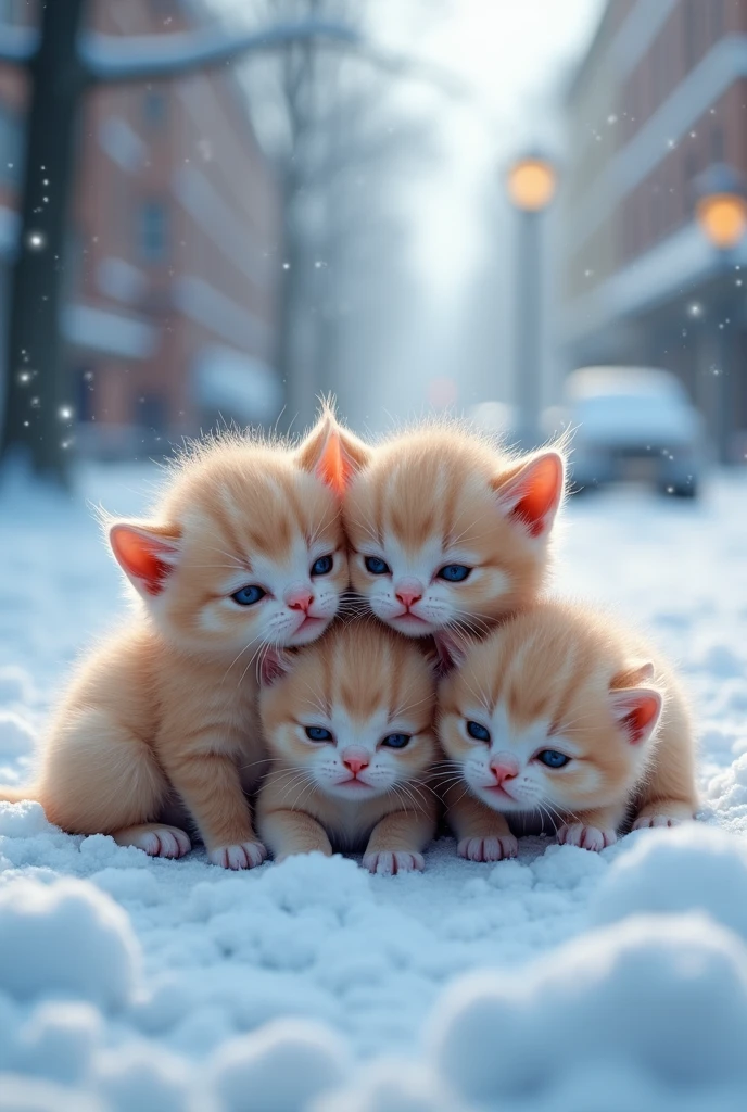 Here's a prompt for the image:
"A heart-wrenching view of a snowy street, where a group of adorable just-born realistic kittens, all of the same age and fluffy color, huddle together and cry for help, abandoned in the middle of the winter wonderland."