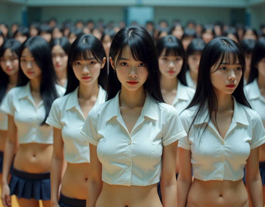(Japanese Clone-girls=Myself), (Super Best masterpiece Clone-girls Raw Photography Art), (16K, Highest quality, Ultra-high resolution, RAW Photos), (It's so unrealistic., With unparalleled depiction, With an unfathomable sight, An unprecedented and shocking worldview, Clone-girls: In a world of mass reproduction, Ultra-realistic), (Japanese Girls, 16yo, Small face, Thick black hair, long hair, Dark Eyes, Mature face, Cute Smile, Smiling face, A gentle gaze, Very pleasant look), (Very beautiful detailed girls, Accurate body structure, Accurate body movements, Very detailed body, (Super big breasts, Large bulge of ample breasts)), (Schoolgirl uniform, Short sleeve, mini skirt, Emphasise the fullness of your breasts), (Very detailed, Myself cloning, Depiction of splitting oneself, 1Myself girl→1,000,000,000,000,000,000,000,000,000,000Myself cloning girls), (Very detailed and intricate, Myself clone-girlsから, Myself's body is multiplying, A perfectly matched depiction, (In the same female body,With the same face, With the same hairstyle, In the same clothes, At the same height, 同じSuper big breasts)), (Myself girls only), Academy, gym, stage, Commemorative photo depiction, Group photo