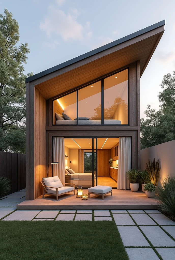 Make a project for a 60m2 house: 1 double bedroom with view, bathroom and closet; 1 small child's room; 1 social bathroom; living room with fireplace and view, combined with American kitchen.