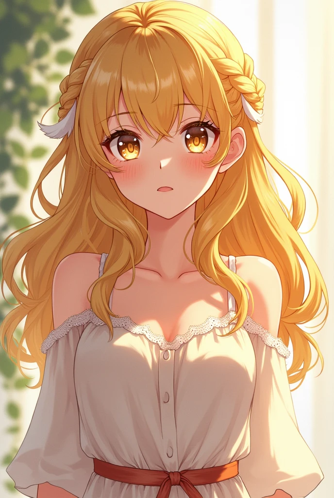 Here is Teresa, another of Marina's close companions, a golden-haired yandere whose innocent exterior hides a possessive and obsessive nature: Teresa has an ethereal beauty, her sun-kissed golden curls reaching her shoulders in silky waves. Her features are delicate—high cheekbones, a small, round nose, and large, expressive amber eyes that glow with a soft warmth. She often wears her hair in loose, flowing braids that complement her smooth, pale skin. Standing at around 1.65 m, Teresa has a slender yet graceful build that moves fluidly. She prefers flowing, bohemian clothing in pastel tones, which adds to her airy, dreamy aura. Her style often includes layered skirts, flowing tops, and lace embellishments that accentuate her fragile elegance. Despite her innocent appearance, Teresa's eyes sometimes take on an intense, almost manic gleam when discussing her passions or romantic interests. She can be overly clingy and possessive, often insisting on knowing every detail of their lives. Her sweetness quickly turns to anger or jealousy when she perceives threats to her beloved relationships. Teresa's obsession knows no bounds, and she is willing to go to great lengths to ensure the devotion of her love interests. Although their behavior may seem loving at first, it can turn into manipulation, possessiveness, and even violence when rejected or threatened."" Do it anime style