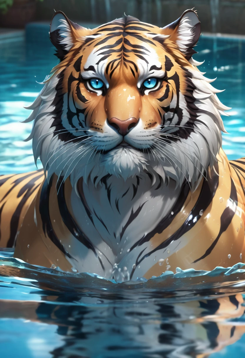 a close up of a tiger near a pool, ( ( god king of ai art ) ), tall and muscular, ssr card, sexy :8, indian god, very furry, trans rights, wet floor, float, white cat, hidden message, errolson hugh, zen aesthetic, damage, daddy energy, sanskrit, water reflection!!!!!, yaoi, dungeon background