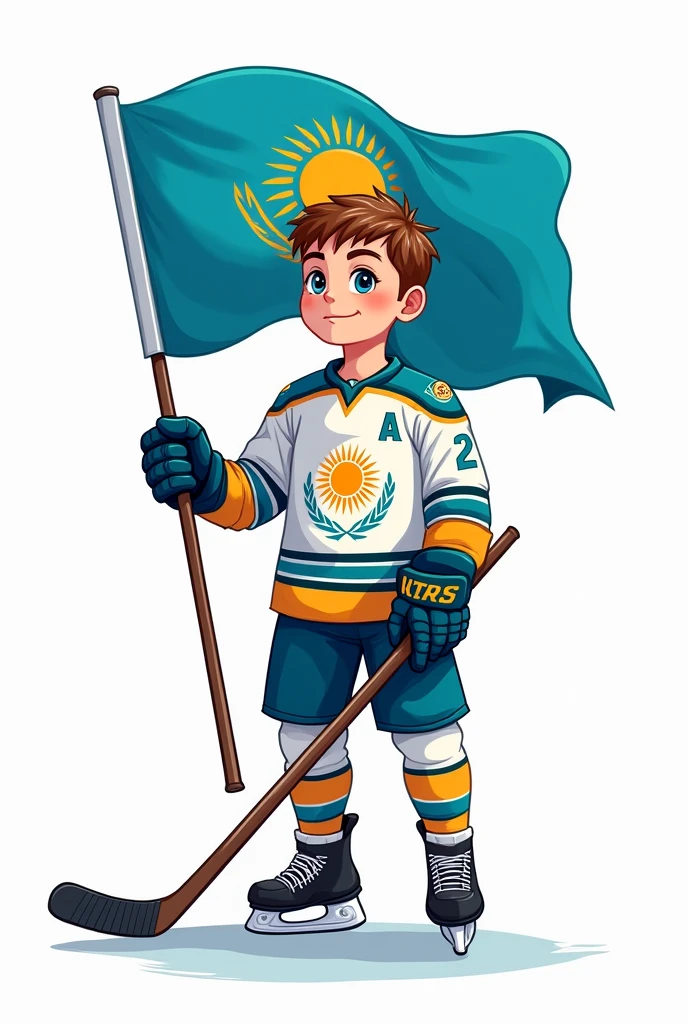 ((officially)) ((masterpiece)) ((Best quality)) ((detailed)) cartoon boy hockey player in uniform with emblem flag of Kazakhstan in hand stick in full growth on white background