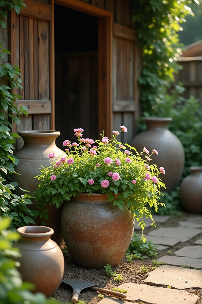 Behind a wooden house, there is a flower pot planted with beautiful plants. Beside him lay several large pottery containers that had broken and gardening tools such as a hoe, hand shovel and pongkes. Capture the atmosphere from a close-up with an emphasis on interweaving and form.