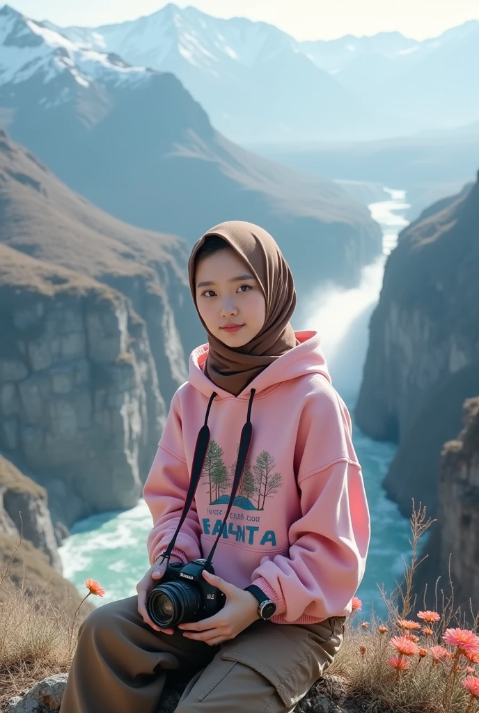 Beautiful Korean girl with smooth white skin, well-groomed face, thin smile, brown hijab, pink Fanta hoodie, decorated with tree and waterfall motifs, brown cargo pants, cool watch. posed sitting, looking at the camera, at the top of a very high mountain, under a clear sky, while carrying a camera, with very beautiful detailed views, the background is visible from above, the river flows fast from the waterfall..., remote mountain, )() there are beautiful clouds), snow-covered cliffs) and beautiful flowers, original and realistic photos