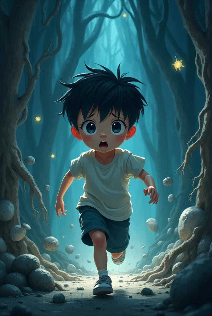 Create a cute anime boy running for escape in his own dark mind