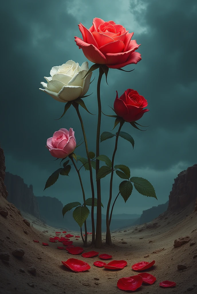 3 flowers(one red one pind one white) standing in arid desert, nightmare view darkness everywhere. The white rose stand strong the biggest between the trio. The pink rose are little but light the darkest sky. The red rose are the most beautiful and her petal show a path in this night mare scene. Dreamlike view