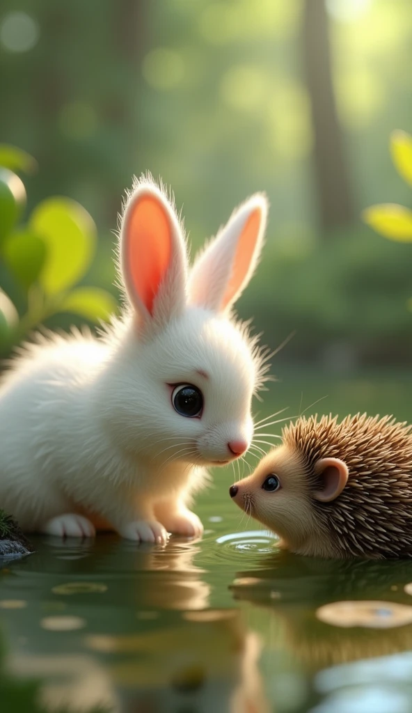 There is a very beautiful background of a forest. A small rabbit is white in colour. The rabbit has very lovely eyes. The rabbit looks very cute, just like a child. The rabbit's hair is just like feathers. The rabbit saw that a small cute hedgehog got stuck in a pond and half of its body was inside the pond. It looked quite worried. The rabbit was standing in front of it, outside the pond, and the rabbit was looking at the hedgehog quite sadly. The rabbit was trying to get the hedgehog out with the help of its hands..image in 3d animation