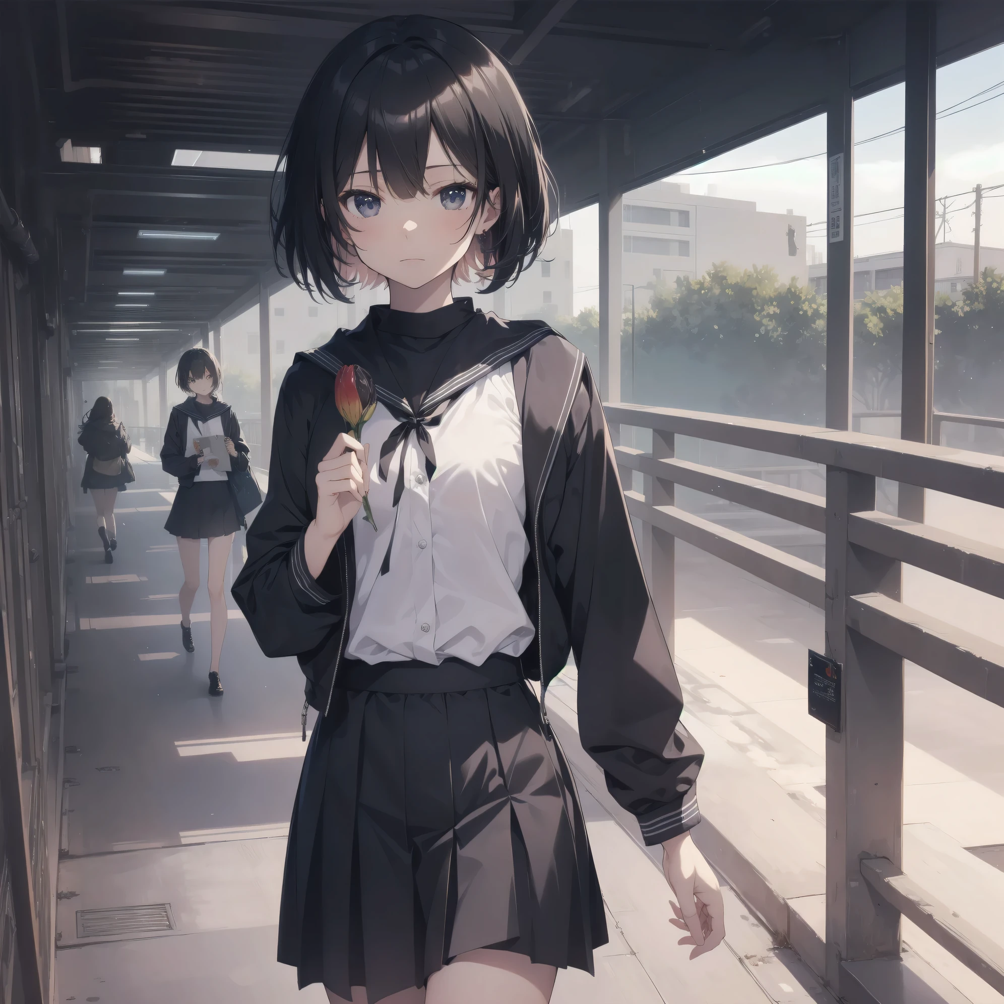 ultra-absurdres-Top quality by artist God, ultra-detailed, high resolution, anime moe artstyle, best anime 8k konachan wallpaper, pixiv contest winner, pool:2810, perfect ???????,break, 1girl, (Please draw a girl walking sleepily to school alone. )break,(Solo,little female,15yo:1.3),Full limbs, ,a junior high school student, (very short hair), short cut, flat chest, , small butt, small black eyes, beautiful detailed eyes, well-proportioned iris and pupils, expressive eyes, highres detailed hair, soft expression, salor school_uniform, sailor collar, serahuku, bow, pleated skirt,(Detailed Lighting), (Detailed background), in the School commute route. break,super detailed skin, Best cinematic lighting powered by famous artist, 8k,beauty illustration,photoshop_(medium),very aesthetic,break,((artist:echo_(circa) )), artist:clamp ,artist:carnelian ,artist:kantoku ,
