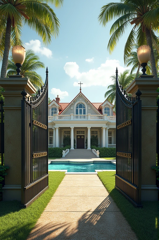 an elegance and beautiful not so modern mansion that is big with a pool, and a beach side, nature, have the biggest courtyard, have gate, a parking space, a grassy space, big door, and a big gate, fresh and calming magical looking 