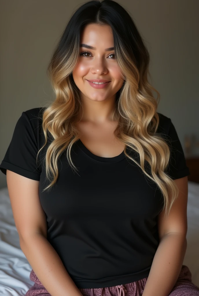 (photorealism:1.2), beautiful chubby woman,  wearing black t-shirt 
, pajama pants, long hair mix color blonde and black