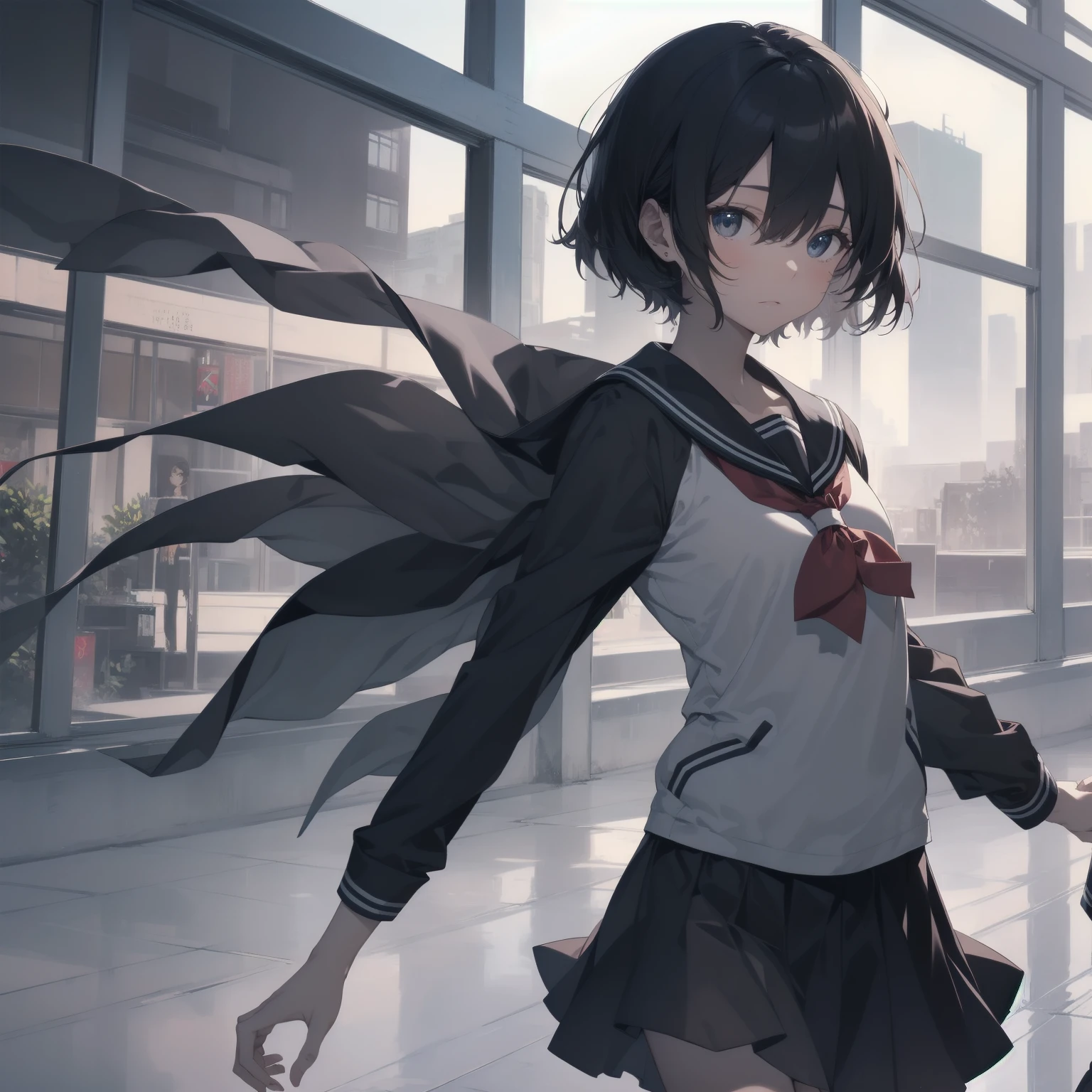 ultra-absurdres-Top quality by artist God, ultra-detailed, high resolution, anime moe artstyle, best anime 8k konachan wallpaper, pixiv contest winner, pool:2810, perfect anatomy,break, 1girl, (Please draw a girl walking sleepily to school alone. )break,(Solo,little female,:1.3),Full limbs, ,a junior high school student, (very short hair), short cut, flat chest, , small butt, small black eyes, beautiful detailed eyes, well-proportioned iris and pupils, expressive eyes, highres detailed hair, soft expression, salor school_uniform, sailor collar, serahuku, bow, pleated skirt,(Detailed Lighting), (Detailed background), in the School commute route. break,super detailed skin, Best cinematic lighting powered by famous artist, 8k,beauty illustration,photoshop_(medium),very aesthetic,break,((artist:echo_(circa) )), artist:clamp ,artist:carnelian ,artist:kantoku ,