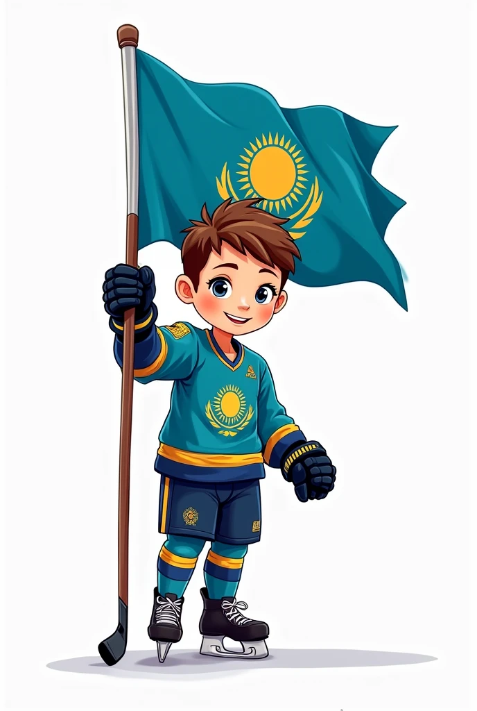 ((officially)) ((masterpiece)) ((Best quality)) ((detailed)) cartoon boy hockey player in uniform with emblem flag of Kazakhstan in hand stick in full growth on white background