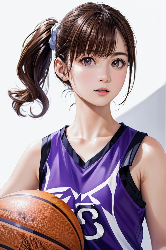 (((Frame In、Solo Shot、Pure white wall background、Highest quality、8k、32K、masterpiece)))、(Realistic)、(Realistic:1.2)、(High resolution)、Very detailed、Very beautiful face and eyes、1 person、Round and small face、Tight waist、Delicate body、(close、Highest quality、Attention to detail、Rich skin detail)、(Highest quality、8k、Oil paints:1.2)、Very detailed、(Realistic、Realistic:1.37)、Bright colors、(((Brown Hair)))、(((Brown hair)))、(((Side Ponytail)))、(((Cowboy Shot)))、(((Bob Hair)))、(((The bangs are uniform)))、(((Pure white wall background)))、(((Wearing a basketball uniform)))、(((purple basketball outfit)))、(((Female face)))、(((1 female)))、(((Tank top style uniform)))、(((Sexy expression)))
