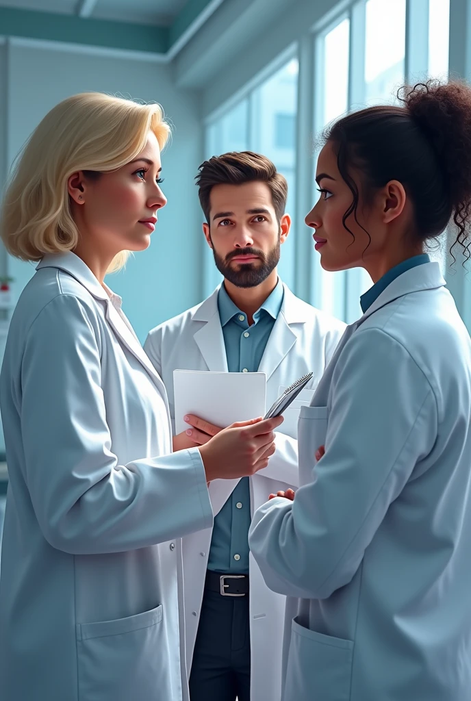 Three people are in the lab, they are wearing lab coats. One of them is mid 50s woman, blonde mid size hair and she is the auditor, holding some documents. One auditee is at early 30s man handsome with dark hair, beard and blue eyes, other auditte is middle 30s woman with middle sized dark curly hair, hair not binded, from Turkey. All three's faces are visible.