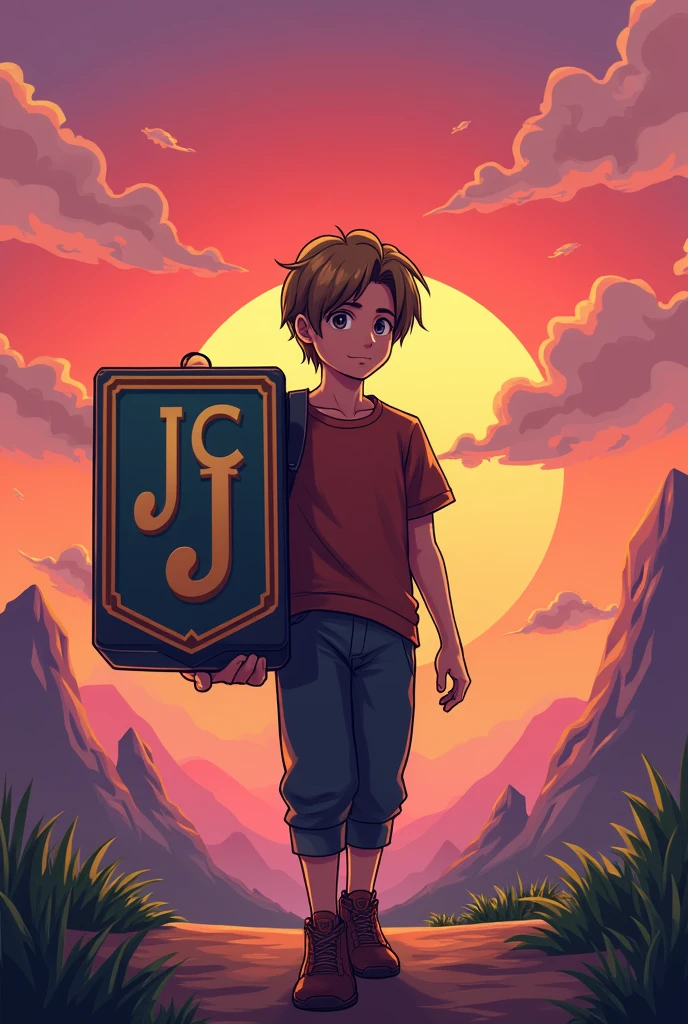 Ligh brown hair male character carrying a Big logo  with the initials "J" and "C", retro video game theme, sunset background