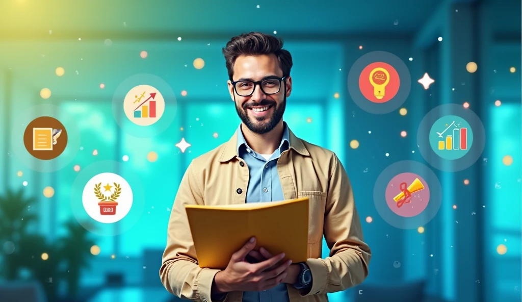 Create a dynamic and attractive cover image for a YouTube channel with the title &#39;How to Pass a Public Exam with These Strategies&#39;. The image must be vibrant and captivating, with the following characteristics:

Background: Use a colorful and energizing background, like a blue and green gradient, or a stylized image of a modern study environment.
main image: Add a centered image of a person with a confident, studious expression, perhaps holding a folder or looking at a computer, to convey success and focus.
Additional Elements: Add graphics or icons that represent progress and success, as a growth chart, a medal or a diploma, attractively integrated into the design.