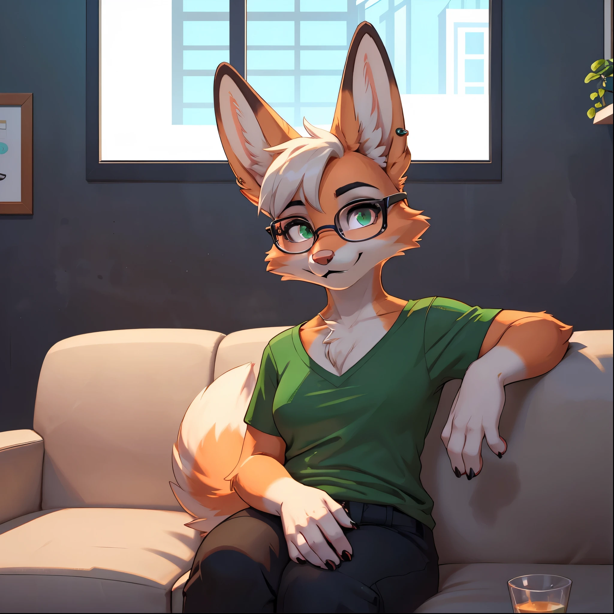 score_9, score_8_up, score_7_up, score_6_up, score_5_up, score_4_up, Diane_Foxington, fox, red fur, emerald eyes, black lipstick, accentuated black eyebrows, silver eyebrow piercings, dusty pink nose, black eyelashes, 4 fingers, green t-shirt with white stripes, glasses, looking at the viewer with a curious expression, sitting on a sofa, holding a glass of water