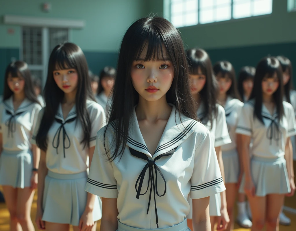 (Japanese Clone-girls=Myself), (Super Best masterpiece Clone-girls Raw Photography Art), (16K, Highest quality, Ultra-high resolution, RAW Photos), (It&#39;s so unrealistic., 類を見ないDescriptionで, With an unfathomable sight, An unprecedented and shocking worldview, Clone-girls: In a world of mass reproduction, Ultra-realistic), (Japanese Girls, 16yo, Small face, Thick black hair, long hair, Dark Eyes, Mature face, Cute Smile, Smiling face, A gentle gaze, Very pleasant look), (Very beautiful detailed girls, Accurate body structure, Accurate body movements, Very detailed body, (Super big breasts, Large bulge of ample breasts)), (Schoolgirl uniform, Short sleeve, mini skirt, Emphasise the fullness of your breasts), (Very detailed, Myself cloning, 分身するDescription, 1Myself girl→1,000,000,000,000,000,000,000,000,000,000Myself cloning girls), (Very detailed and intricate, Myself clone-girlsから, Myself&#39;s body is multiplying, 寸分違いなく完璧一致なDescriptionで, (In the same female body,With the same face, With the same hairstyle, In the same clothes, At the same height, 同じSuper big breasts)), (Myself girls only), Academy, gym, stage, 記念写真Description, Group photo, part々Description