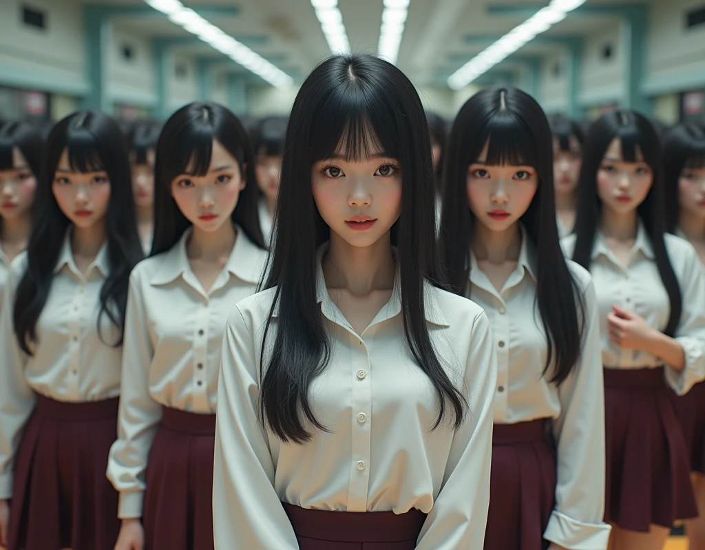 (Japanese Clone-girls=Myself), (Super Best masterpiece Clone-girls Raw Photography Art), (16K, Highest quality, Ultra-high resolution, RAW Photos), (It's so unrealistic., 類を見ないDescriptionで, With an unfathomable sight, An unprecedented and shocking worldview, Clone-girls: In a world of mass reproduction, Ultra-realistic), (Japanese Girls, yo, Small face, Thick black hair, long hair, Dark Eyes, Mature face, Cute Smile, Smiling face, A gentle gaze, Very pleasant look), (Very beautiful detailed girls, Accurate body structure, Accurate body movements, Very detailed body, (Super big breasts, Large bulge of ample breasts)), (Schoolgirl uniform, Short sleeve, mini skirt, Emphasise the fullness of your breasts), (Very detailed, Myself cloning, 分身するDescription, 1Myself girl→1,000,000,000,000,000,000,000,000,000,000Myself cloning girls), (Very detailed and intricate, Myself clone-girlsから, Myself's body is multiplying, 寸分違いなく完璧一致なDescriptionで, (In the same female body,With the same face, With the same hairstyle, In the same clothes, At the same height, 同じSuper big breasts)), (Myself girls only), Academy, gym, stage, 記念写真Description, Group photo, part々Description
