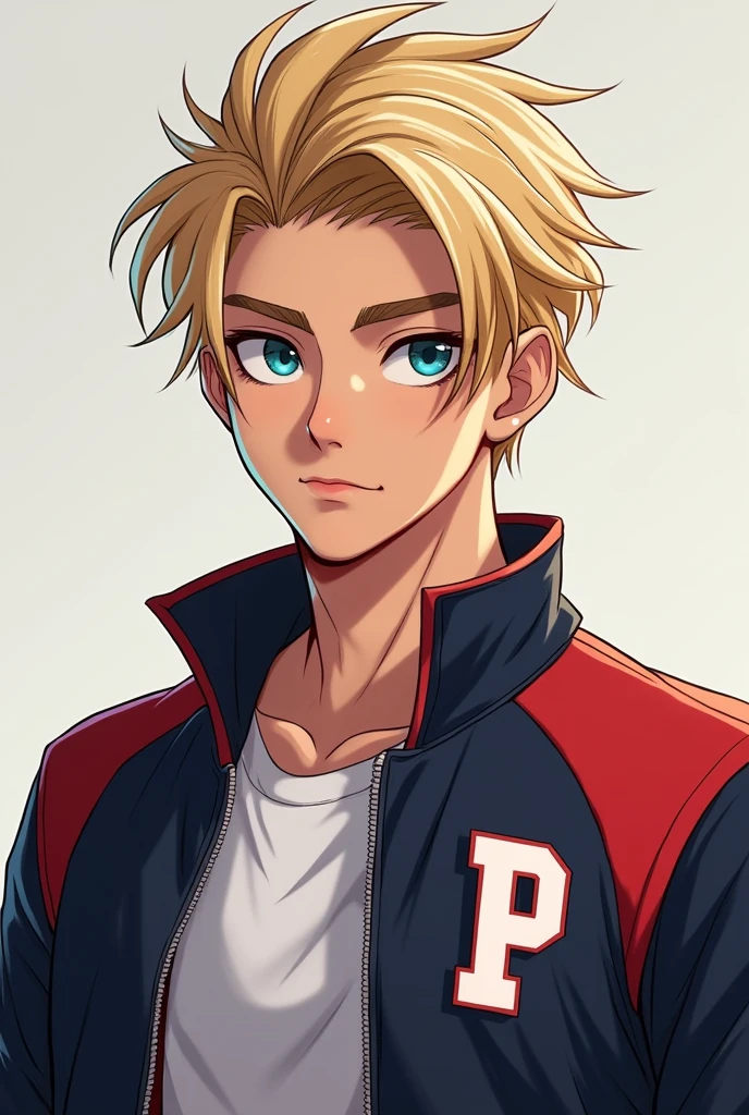 He is a ager with an athletic male body, a toned and sculpted body, straight blonde hair and a haircut swept to the side, which is a great charm for women., piercing gaze and the color of his blue eyes picina, man's face and impeccable posture and wears a uniform with red and white on the team jacket and an acronym of the school's name is the letter P for team like the United States, but he likes to run after those who don't want him!. Show me in a more realistic way and in human form. With a half chad face.