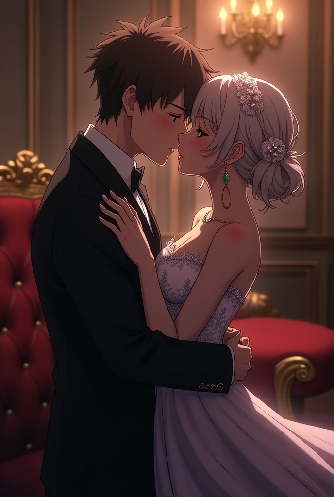 Jujutsu Kaizen screenshot. Itadori in a fancy suit kissing Nobara in a fancy suit
