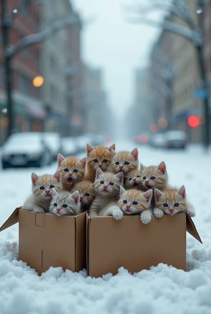 Here's a prompt for the image:
"A heart-wrenching view of a snowy street, where a group of adorable just-born realistic
10 kittens, all of the same age and fluffy color, huddle together and cry for help, abandoned in the middle of the winter wonderland."The cats were kept in 4 cardboards in the street and abandoned.