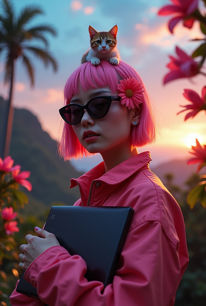 Take acer on adventure, Acer notebook main point, close-up portrait of woman while holding acer notebook, asian girl have flower on ears and sun glasses, surrealist, high quality, cinematic, low-key, galaxy paradise fall in background, jungle flower in foreground, a little cat on head,[Ai001 is a famous fashion asian model, platinum detailed short Magenta hair], fullbody for north face camping wear, wearing a 90s haute couture streetwear, kodak color film, film grain filter, acer notebook