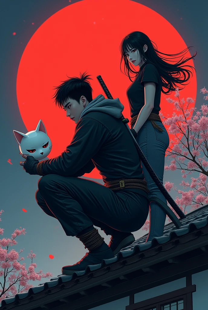 
The action of a 30 year old Indonesian youth, black hair combed back, squatting on the edge of the roof of a Japanese house, holding a white cat-shaped mask, wearing a ninja costume, there is a blood stain effect on the costume. Clad in iron with a large rope tied around his waist, there is a samurai sword placed on his back. Beside him stood a beautiful woman with long hair wearing a short-sleeved black t-shirt, protective armor with a large rope tied around her waist and tabi. his gaze is very sharp, the night atmosphere with the background of a large, bright red full moon adds to the drama of his narrative. atmosphere, flowers and cherry trees at night, hair blowing in the wind, cold, realistic details of a cold night scene realistic details of a cold night scene in a Japanese city. 
