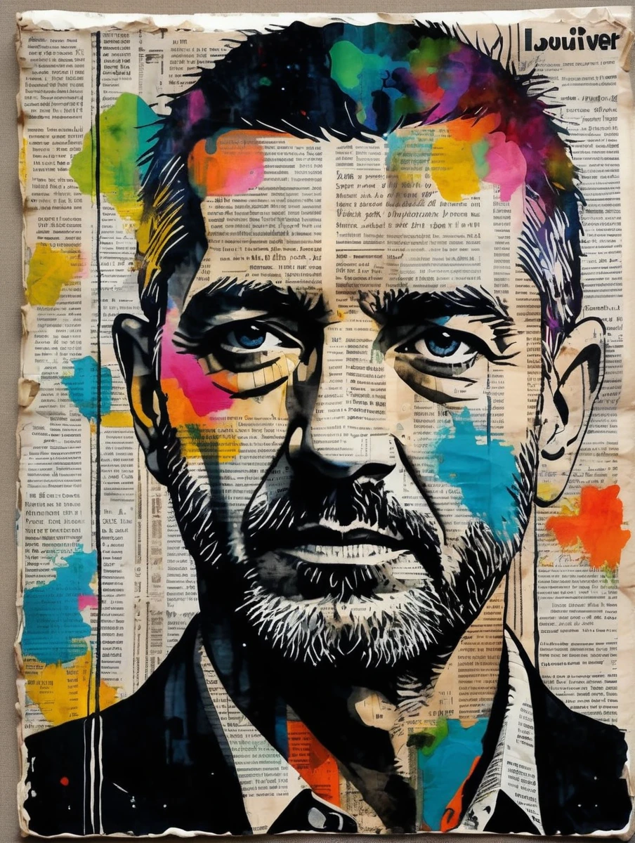 (ink on newspaper in the style of Loui Jover:1.5), NAPLES, VESUVIO, Envision an art movement where portraits capture the subject's inner thoughts and emotions as vibrant, shifting patterns of color and light