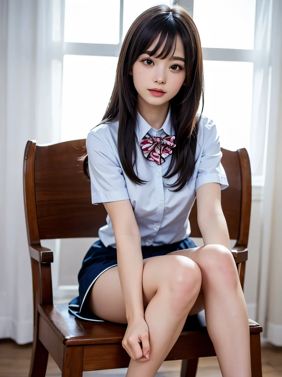 Bright expression、Photorealism、highest quality、Ultra-high resolution、photograph、The most beautiful Nordic photographs、Cute and beautiful face details、Small face、(Facing the children_v1:0.008)、Beautiful bangs、Alice in Wonderland、、(Thighs Thighs Thighs:1.2)、Esbian all over、Glowing White Skin、Hair gets tangled in the face、Bangs that reach down to the face、bangs、Hair between the eyes、Super long hair、Attractive brown, super long, straight, silky hair、Thin Hair、Beautiful bright, clear, light blue, large eyes that are charming and shining、(school uniform, Short sleeve shirt:1.2)、eyeliner、Sitting in a chair、double eyelid、Ample breasts、Dynamic pose