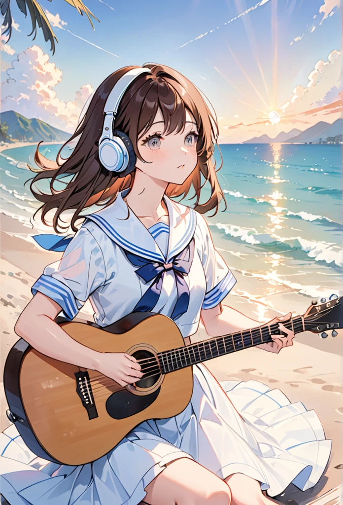 Girl wearing headphones,Brown Hair,1 person,Detailed Background,(sailor uniform:1.2)(play the guitar.sing a song.:1.3)(Summer evening、Beautiful sunset)(beach、Ripple)