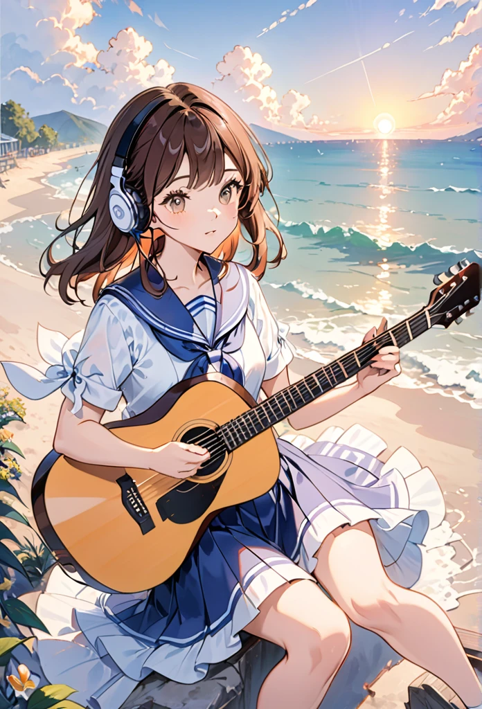 Girl wearing headphones,Brown Hair,1 person,Detailed Background,(sailor uniform:1.2)(play the guitar.sing a song.:1.3)(Summer evening、Beautiful sunset)(beach、Ripple)