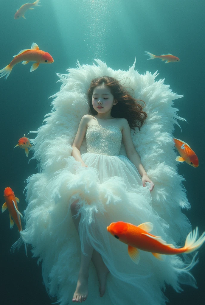 close up, aerial view, magic, underwater, graceful girl from diamond silkscreen, porcelain skin, transparency, ephemerality, delicate lines, horor, quick sketch, girl sleeping on feather bed, koi fish swimming nearby, cinematic, high detail, 8k, surreal fantasy