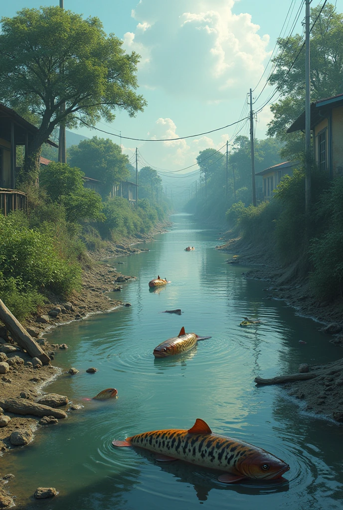river got polluted by a domestic activity the water was dirty and fish is struggling