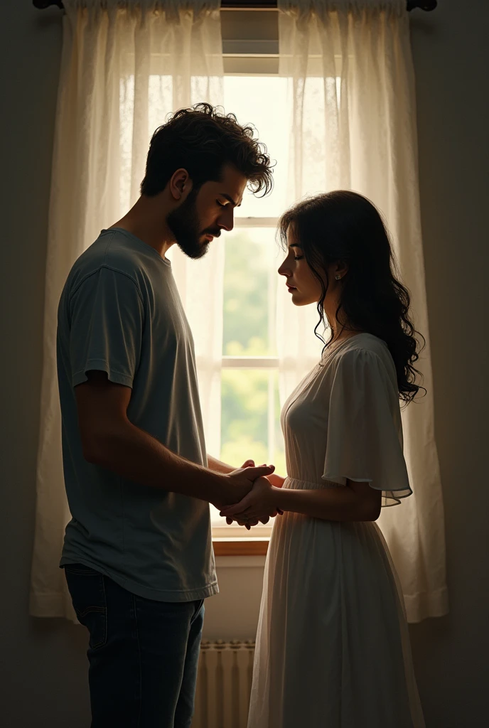 create an image of a repentant man, asking to get back with his ex-wife. a man who didn't value women and now he values them. Treating her well.
