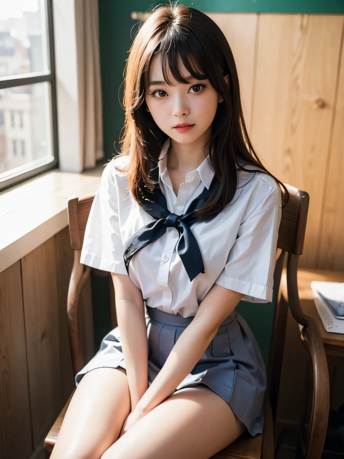 Bright expression、Photorealism、highest quality、Ultra-high resolution、photograph、The most beautiful Nordic photographs、Cute and beautiful face details、Small face、(Facing the children_v1:0.008)、Beautiful bangs、Alice in Wonderland、、(Thighs Thighs Thighs:1.2)、Esbian all over、Glowing White Skin、Hair gets tangled in the face、Bangs that reach down to the face、bangs、Hair between the eyes、Super long hair、Attractive brown, super long, straight, silky hair、Thin Hair、Beautiful bright, clear, light blue, large eyes that are charming and shining、(school uniform, Short sleeve shirt:1.2)、eyeliner、Sitting in a chair、double eyelid、Ample breasts、Dynamic pose