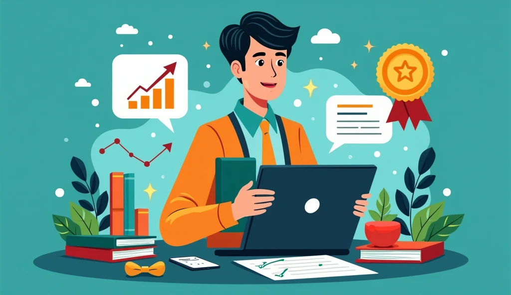 Create a dynamic and attractive cover image for a YouTube channel with the title 'How to Pass a Public Exam with These Strategies'. The image must be vibrant and captivating, with the following characteristics:
Background: Use a colorful and energizing background, like a blue and green gradient, or a stylized image of a modern study environment.
main image: Add a centered image of a person with a confident, studious expression, perhaps holding a folder or looking at a computer, to convey success and focus.
Additional Elements: Add graphics or icons that represent progress and success, as a growth chart, a medal or a diploma, attractively integrated into the design.