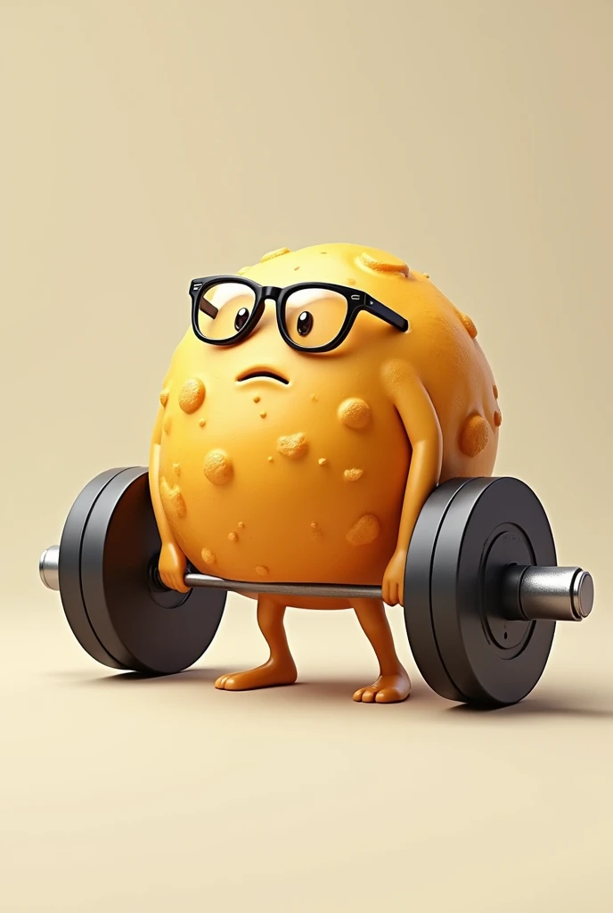 Draw a ball-shaped cheese bread with two arms lifting a gym weight. Make him wear glasses. Don't make him smile. Make him look like he's trying hard to lift the weight.