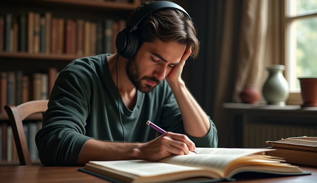 study notebook, man concentrated studying hard, man with transcending and studying mind, man studying and listening to music on headphones, concentrating
