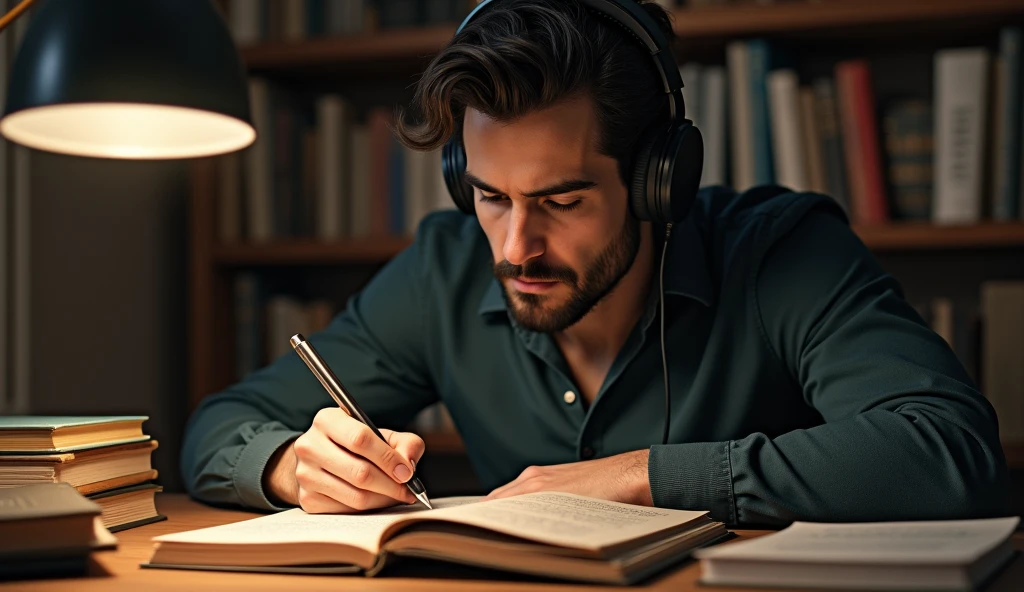 study notebook, man concentrated studying hard, man with transcending and studying mind, man studying and listening to music on headphones, concentrating