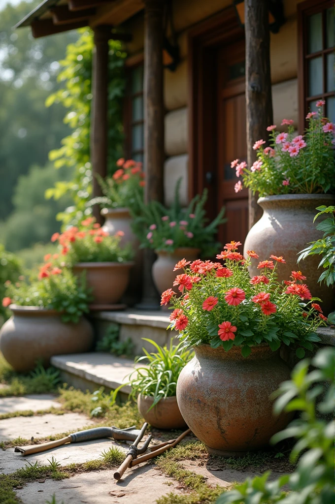 Behind a wooden house, there is a flower pot planted with beautiful plants. Beside him lay several large pottery containers that had broken and gardening tools such as a hoe, hand shovel and pongkes. Capture the atmosphere from a close-up with an emphasis on interweaving and form.