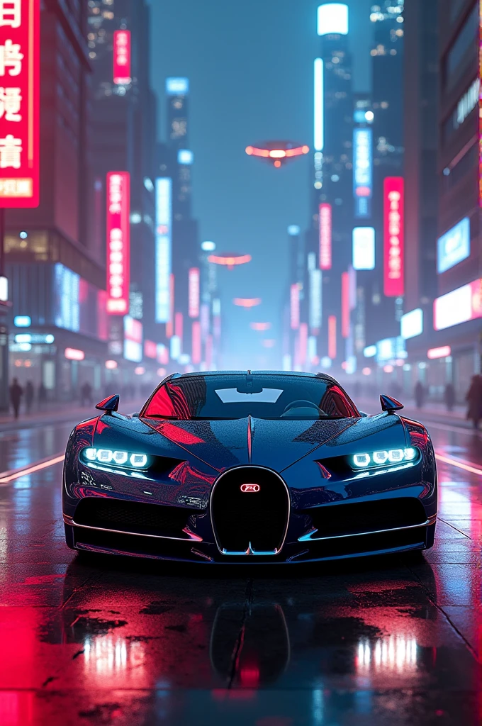 A Bugatti Veyron in the cyberpunk futuristic city with red and blue neon lights