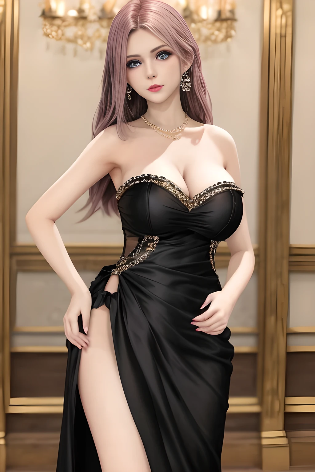1girl ,flirtatious expression, wearing an elegant black strapless dress. The perspective-dress is beautifully designed with ruching on the bodice and a cascading ruffled asymmetrical hem, adding a playful and chic touch to the outfit. The person is standing upright, with one hand gently touching their leg and the other hand relaxed by their side. The background is plain and neutral, drawing attention to the dress itself. The lighting is soft, highlighting the details of the dress and creating a fashionable and stylish atmosphere,, huge breasts,mature women, elise