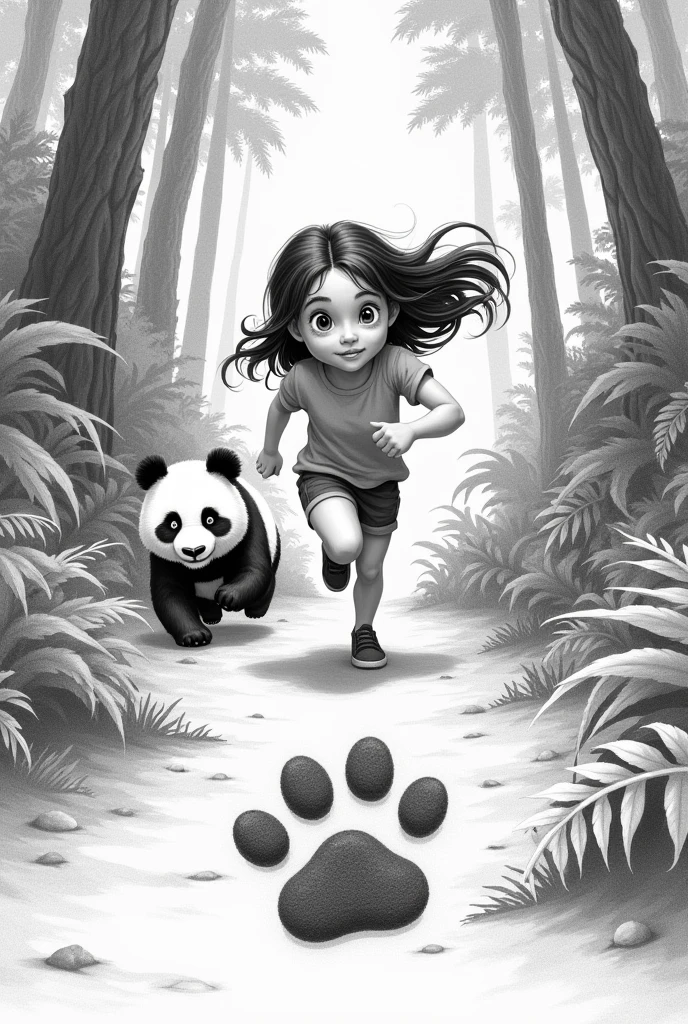 a panda footprint inside a girl runs chasing a panda in a forest drawn in pencil

