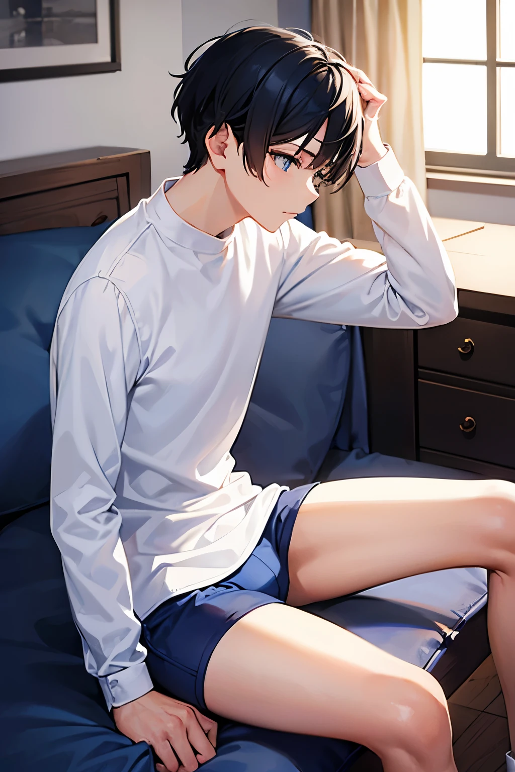 boy,blue underwear,white long sleeve shirt,bedroom,sitting,from the side,