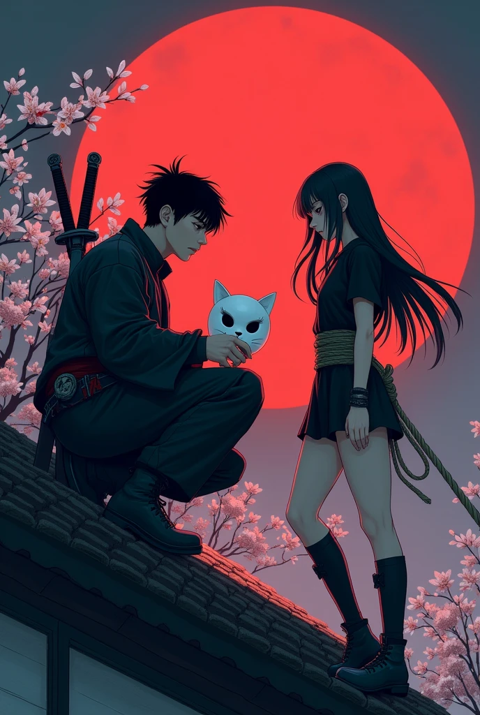 The action of a 30 year old Indonesian youth, black hair combed back, squatting on the edge of the roof of a Japanese house, holding a white cat-shaped mask, wearing a ninja costume, there is a blood stain effect on the costume. Clad in iron with a large rope tied around his waist, there is a samurai sword placed on his back. Beside him stood a beautiful woman with long hair wearing a short-sleeved black t-shirt, protective armor with a large rope tied around her waist and tabi. his gaze is very sharp, the night atmosphere with the background of a large, bright red full moon adds to the drama of his narrative. atmosphere, flowers and cherry trees at night, hair blowing in the wind, cold, realistic details of a cold night scene realistic details of a cold night scene in a Japanese city.